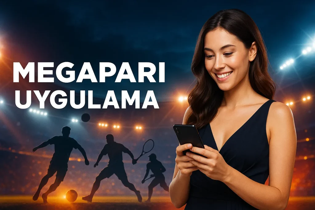 Megapari Türkiye mobil uygulamasını tanıtan dijital illüstrasyon, kullanıcı dostu arayüz ve oyun deneyimini vurgular